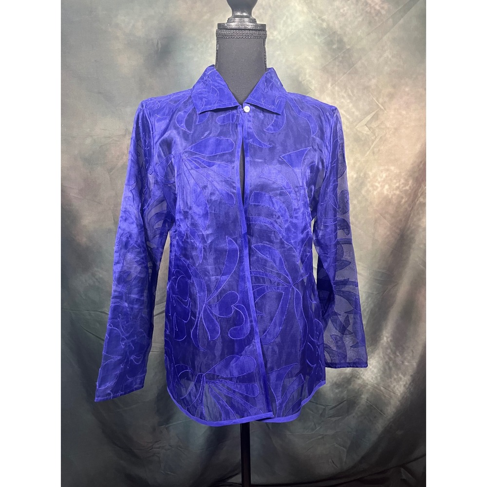 Chicos Purple Silk Embroidered Sheer Button Down Shirt Size 1 Tropical Leaf